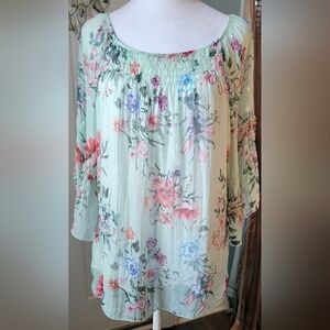 Angela Moda Italian 100% Silk Peasant Blouse Womens S Mint Pink Lilly Print Flow